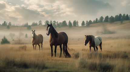 Wild Horses Running Along Prairie Grass
