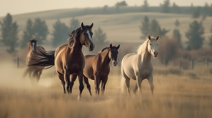 Wild Horses Running Along Prairie Grass
