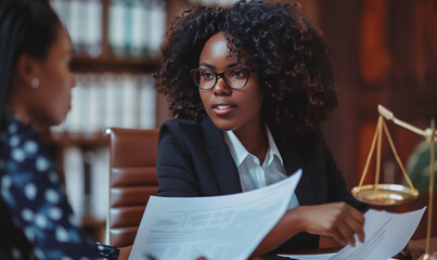 The lawyer and the client are talking and telling the story, explaining to the lawyer the background of the lawsuit against the other party. Among the documents on the table in the office at work