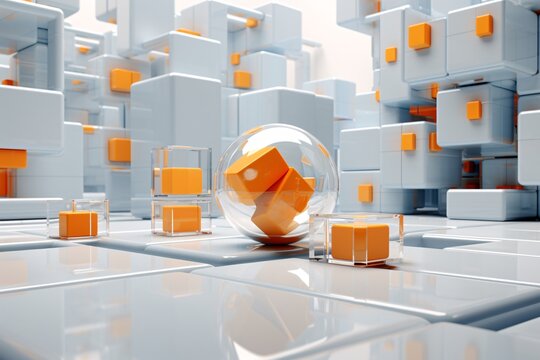a glass sphere with orange cubes inside