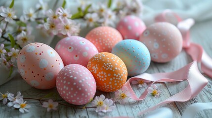 Easter eggs are painted in pastel colors. Light wooden surface with spring flowers and satin ribbons scattered around. Soft natural light. Wide-format banner. AI Generated