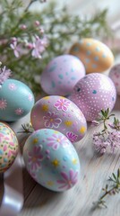 Fototapeta na wymiar Easter eggs are painted in pastel colors. Light wooden surface with spring flowers and satin ribbons scattered around. Soft natural light. Vertical banner. AI Generated