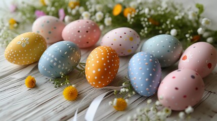 Obraz premium Easter eggs are painted in pastel colors. Light wooden surface with spring flowers and satin ribbons scattered around. Soft natural light. Wide-format banner. AI Generated