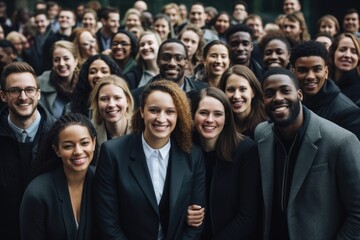 Fototapeta premium Team Unity: A group of cheerful business individuals stands shoulder to shoulder in a row, radiating positivity and teamwork.