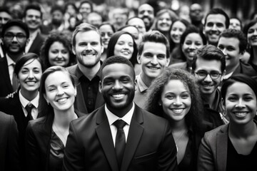 Obraz premium Team Unity: A group of cheerful business individuals stands shoulder to shoulder in a row, radiating positivity and teamwork.
