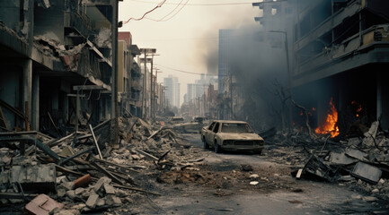 City buildings destructed by earthquake strike. Disaster scene full of debris, dust and crashed buildings