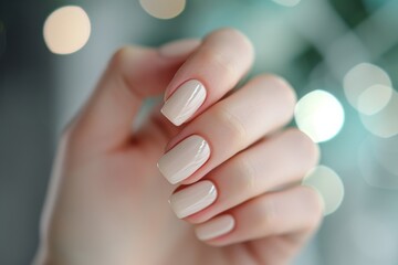 Closeup to woman hands with elegant neutral colors manicure. Beautiful nude gel polish manicure on square nails on festive background with bokeh