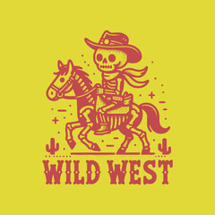 retro art cool skeleton wearing cowboy outfit riding horse vector illustration