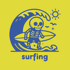 retro art cool skeleton surfing in wave vector illustration