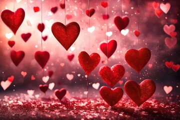 defocused red hearts floating on a background of shiny glitter