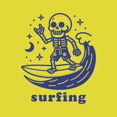 retro art cool skeleton surfing in wave vector illustration