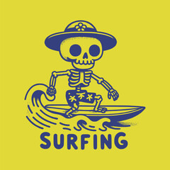 retro art cool skeleton surfing in wave vector illustration