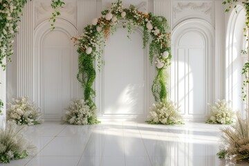 Contemporary wedding backdrop with white walls and striking details, seen from the front.