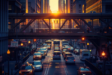 Urban Street at Sunset with City Life. The sun casts a golden glow over an urban street scene with...