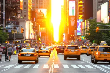 Papier Peint photo Lavable TAXI de new york Sunset Glow on New York City Street. Sunlight floods a New York City street at sunset, casting a golden glow on taxis and buildings.  