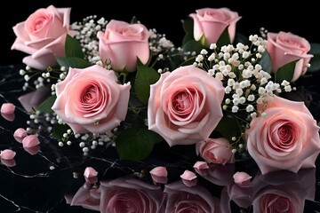gentle elegant soft pink roses on black glassy marble table