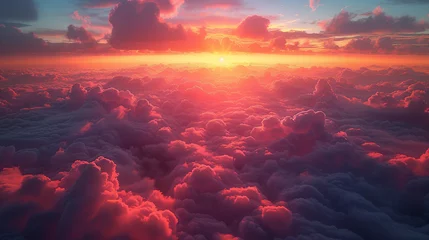 Papier Peint photo Violet A beautiful sunset over clouds with a sun shining through it, aerial view, redshift, ethereal cloudscapes, realistic yet romantic, dark cyan and red