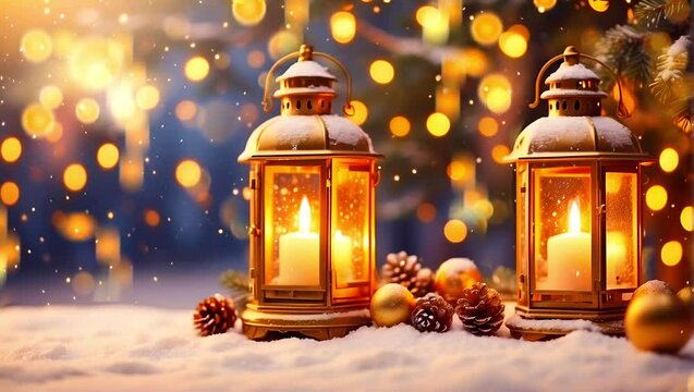 Illuminated lantern with candles in snowy winter landscape.
