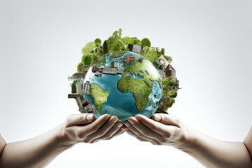 Hands holding green earth. Saving environment, save clean planet, ecology concept. Card for World Earth Day.