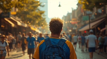 Summer Vibes: A Crowd of People Walking Down a Street with Backpacks and T-shirts Generative AI - obrazy, fototapety, plakaty