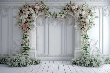 modern wedding backdrop with white color walls and vivid details. wedding backdrop front view environment 