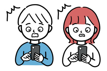 スマホを見て驚く若い男女の上半身イラスト