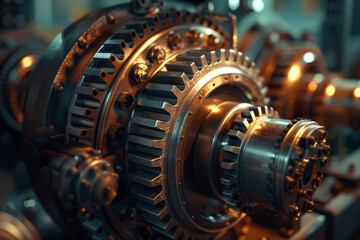 Advanced Precision Gear Machinery, Close-up view of intricate machinery gears with a high-tech industrial design.