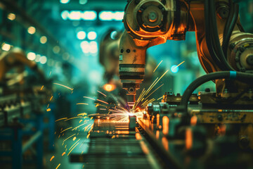 Automated Production Line with Robotic Arms, Precision robotic arms working on an assembly line in a high-tech manufacturing facility.