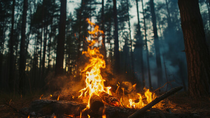 Campfire in a Wooded Area, A campfire burns brightly in a forest clearing, casting a warm glow on the surrounding trees.