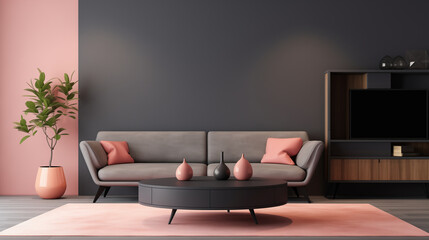 Sophisticated Living Room with Blush and Charcoal Color Palette and Modern Decor