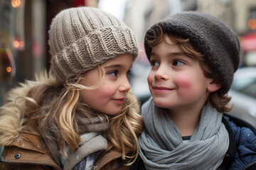 Winter Friendship: Two Children Sharing a Warm Smile, Two children in winter attire exchange joyful glances on a cold day, capturing a moment of friendship and warmth.