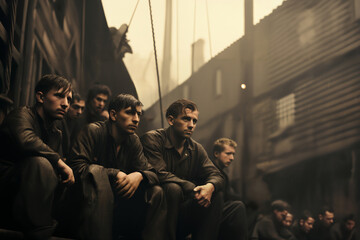 A group of male factory workers are sitting outside the workshops, dressed in work clothes, against the background of factory buildings, retro style