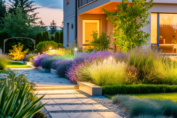 Obraz premium Modern gardening landscaping design details. Illuminated pathway in front of residential house. Landscape garden with ambient lighting system installation highlighting flowers plants