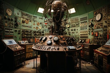 command post of a retro analog control center for an industrial enterprise or a nuclear power plant, control panel, devices for industrial and scientific research and measurements