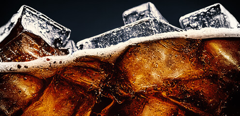 Cola with Ice. Close up of the ice cubes in cola water. Texture of carbonate drink.