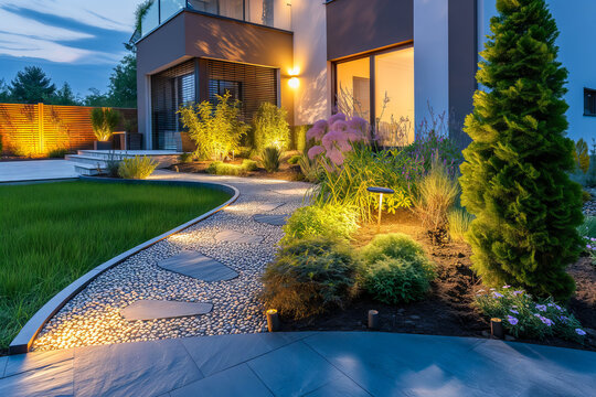 Modern gardening landscaping design details. Illuminated pathway in front of residential house. Landscape garden with ambient lighting system installation highlighting flowers plants