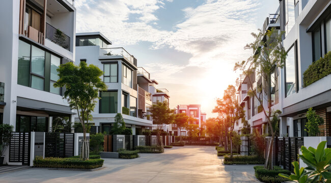Condo apartment exterior in upscale neighborhood
