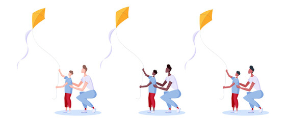 Parent and child fly a kite. Playing in the outdoor. Set of people and children in different ethnicities playing with wind toy. Flat style vector illustration.