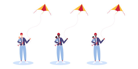 Set of fathers and children playing kites outdoors. People and children in diverse ethnicities standing with wind toy, dad holding son. Concept of freedom. Flat vector illustration.
