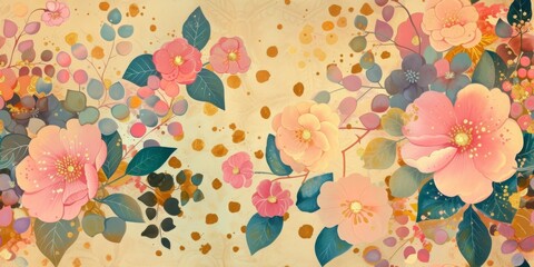 Vibrant hand-painted floral and fruit seamless pattern with colorful blooms flowers and fruits, bright floral background. Botanical wallpaper with gold.