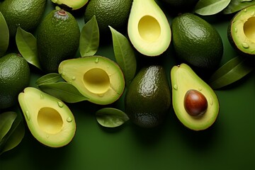 Nutrient rich display Fresh avocados arranged on lush green background - obrazy, fototapety, plakaty