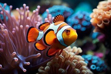 Obraz na płótnie Canvas Coral symphony Vibrant clown fish swim amid colorful coral reef
