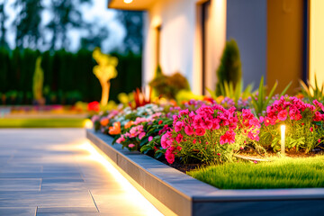 Modern gardening landscaping design details. Illuminated pathway in front of residential house. Landscape garden with ambient lighting system installation highlighting flowers plants