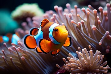 Coral symphony Vibrant clown fish swim amid colorful coral reef
