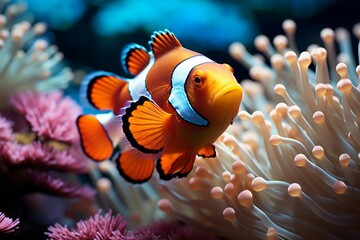 Fototapeta na wymiar Ocean beauty Vibrant clown fish navigate a lively coral environment