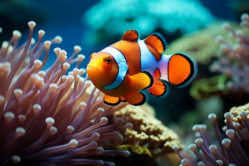 Naklejka na ściany i meble Ocean beauty Vibrant clown fish navigate a lively coral environment