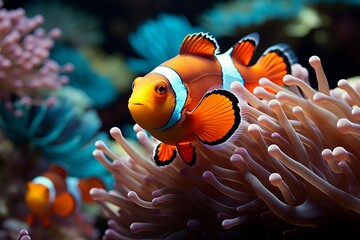 Obraz na płótnie Canvas Ocean beauty Vibrant clown fish navigate a lively coral environment