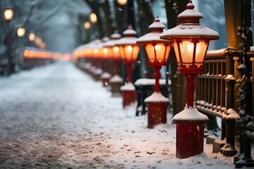 Seasonal magic Snowy scene with atmospheric red lanterns lining the street