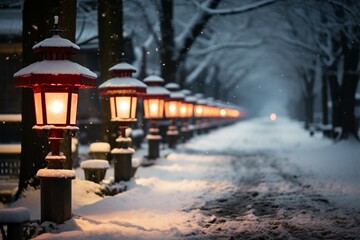 Winter wonderland Snow covered street featuring glowing red lanterns