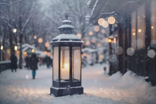Winter Lantern in the Middle of Snowy Street